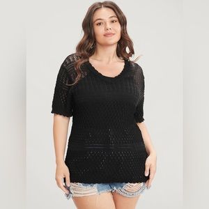 Solid Scalloped Trim V Neck Cut Out Knit Top